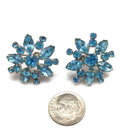 Sherman Turquoise Rhinestone Earrings, Screw-back Rhodium Plated, 1950s Vintage Jewelry