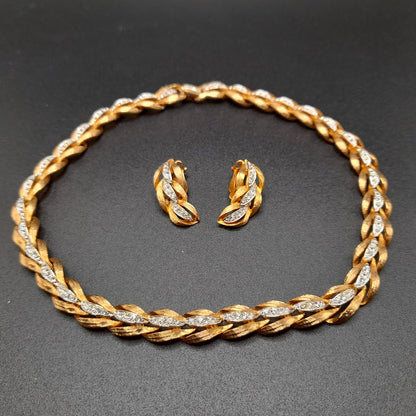 Vintage Clear Rhinestone Gold Tone Necklace Earrings Set, 1960s Vintage Jewelry
