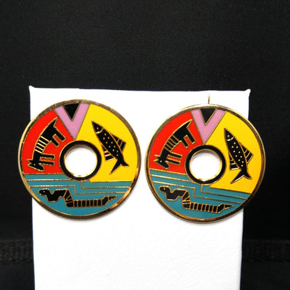 Laurel Burch "Artifact" Post Earrings, Fish Snake Dog Enamel Cloisonne, 1980s Vintage Jewelry
