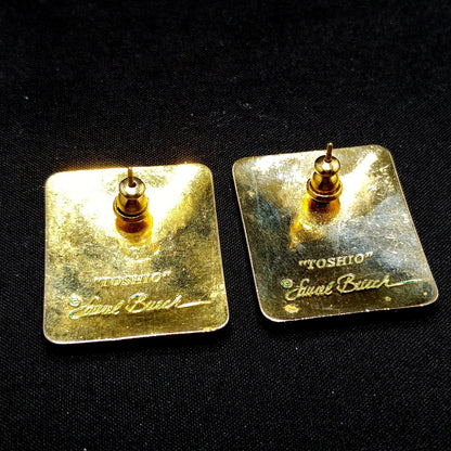 Laurel Burch "Toshio" Post Earrings, Gold Plated & Enamel Cloisonné, 1980s Vintage Jewelry