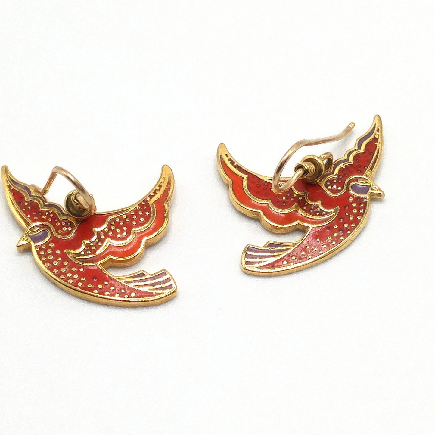 Vintage Laurel Burch "Kris" Red Bird Earrings, Cloisonne Enamel, Gold Plated