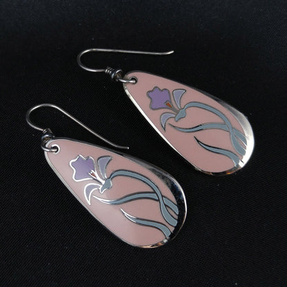 Laurel Burch "Wild Iris" Pink Enamel Earrings, Silver Tone, Gold Plated, 1980s