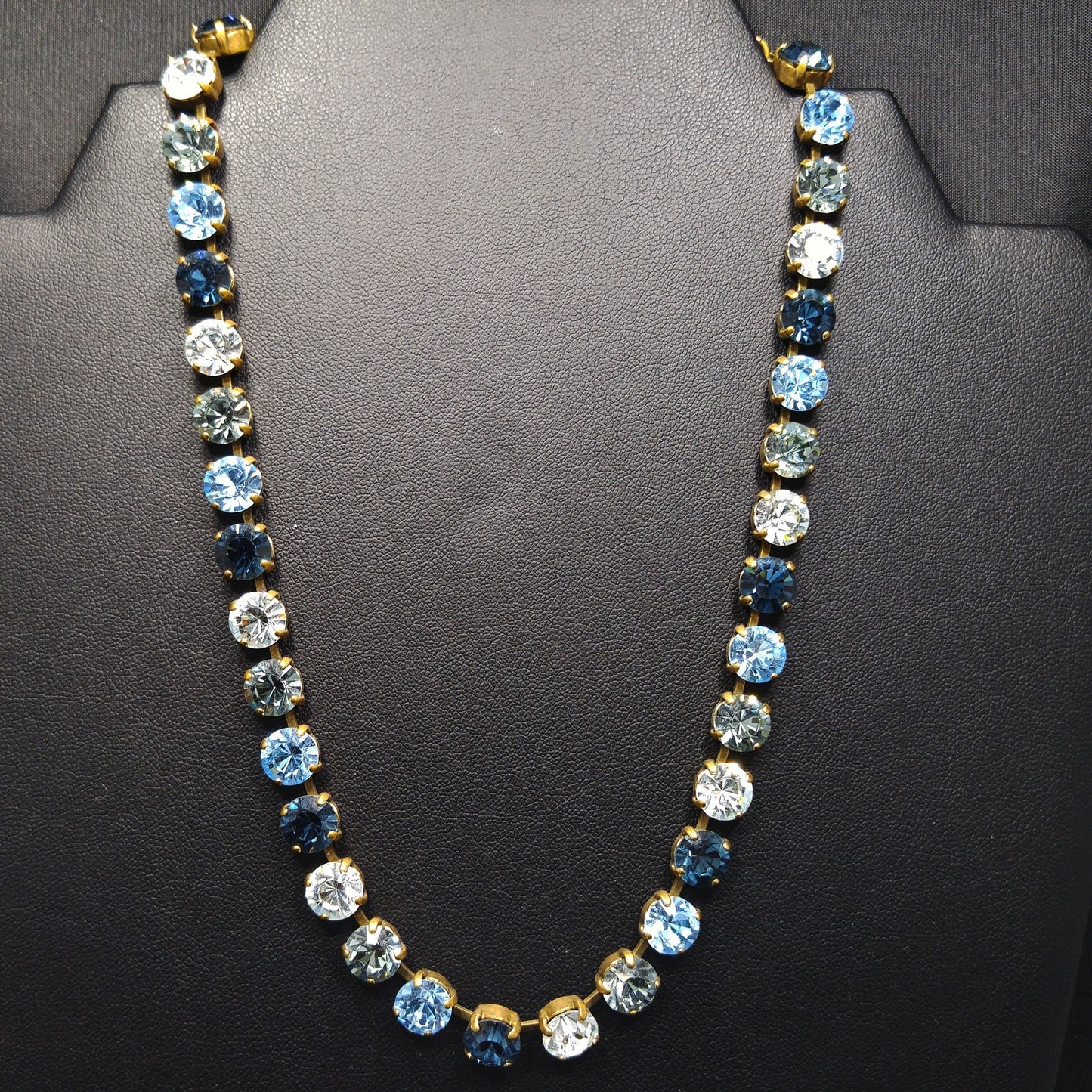 Vintage 1990s Germany Blue Crystal Rhinestone Necklace Gold Tone Choker
