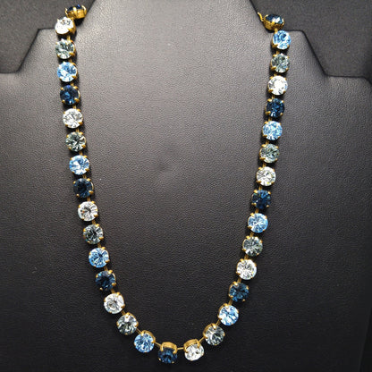 Vintage 1990s Germany Blue Crystal Rhinestone Necklace Gold Tone Choker