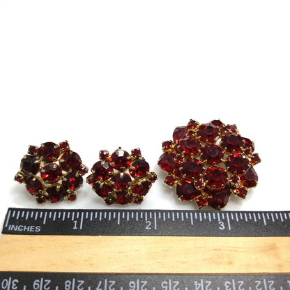 Weiss Red Rhinestone Brooch & Screw-Back Earrings Set — 1950s