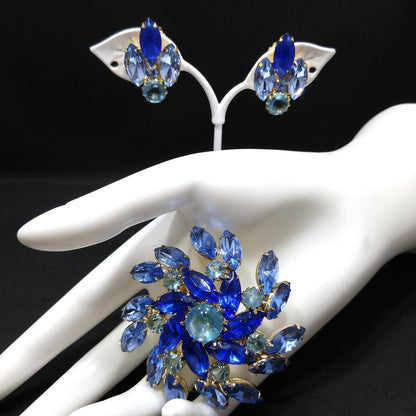 Blue Light Dark Rhinestones Pinwheel Brooch & Earrings, Gold Plated, 1960s Vintage Jewelry