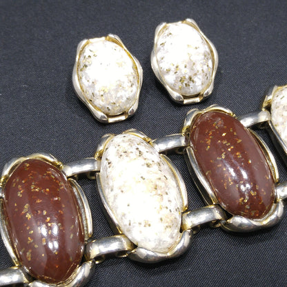 Lucite Confetti Cab Bracelet & Earrings, Gold Glitter Cabochons, 1950s Vintage Jewelry