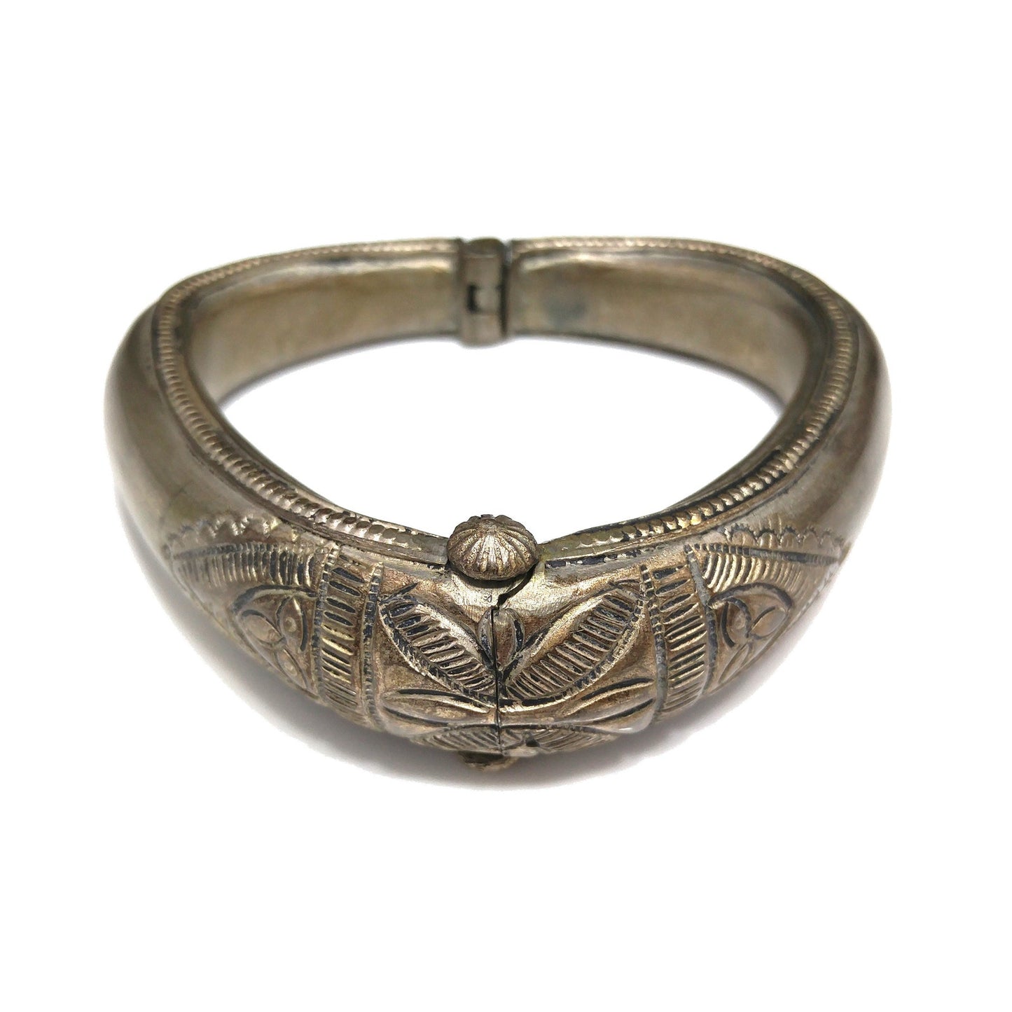 Tribal Embossed Hinged Bracelet, Plunger or Pin Clasp, Gold Wash, 1940s Vintage Jewelry