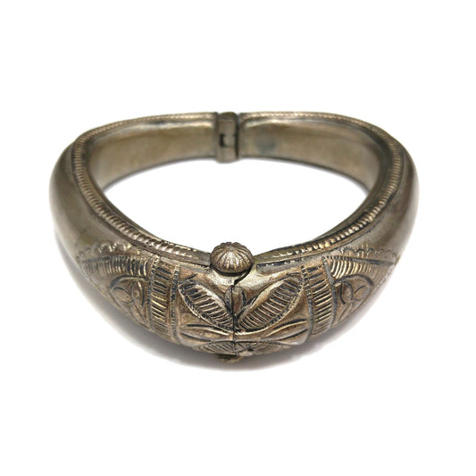 Tribal Embossed Hinged Bracelet, Plunger or Pin Clasp, Gold Wash, 1940s Vintage Jewelry