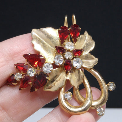 Vintage Scitarelli Red Rhinestone Floral Brooch Pendant 1950s Gold Plated Signed