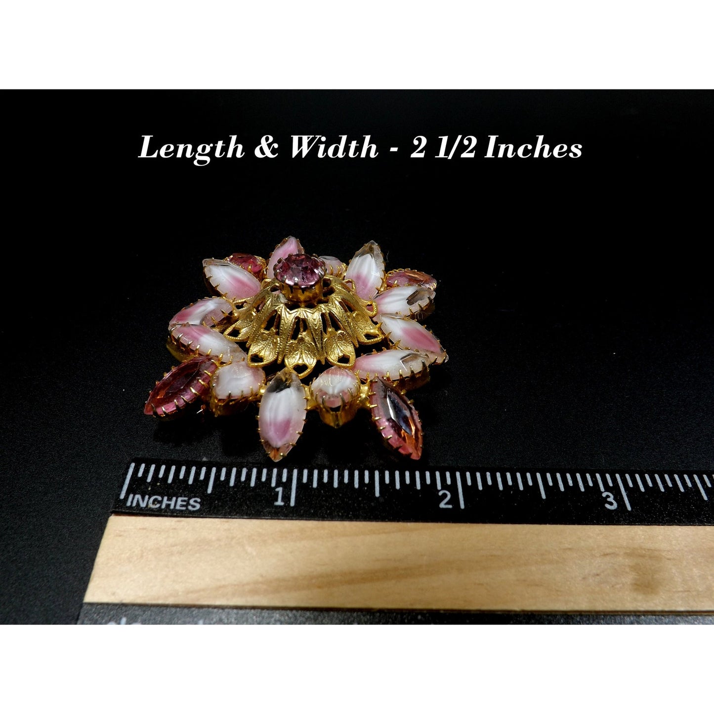 Vintage Pink Art Glass Rhinestone Floral Brooch Givre Navette Gold Filigree