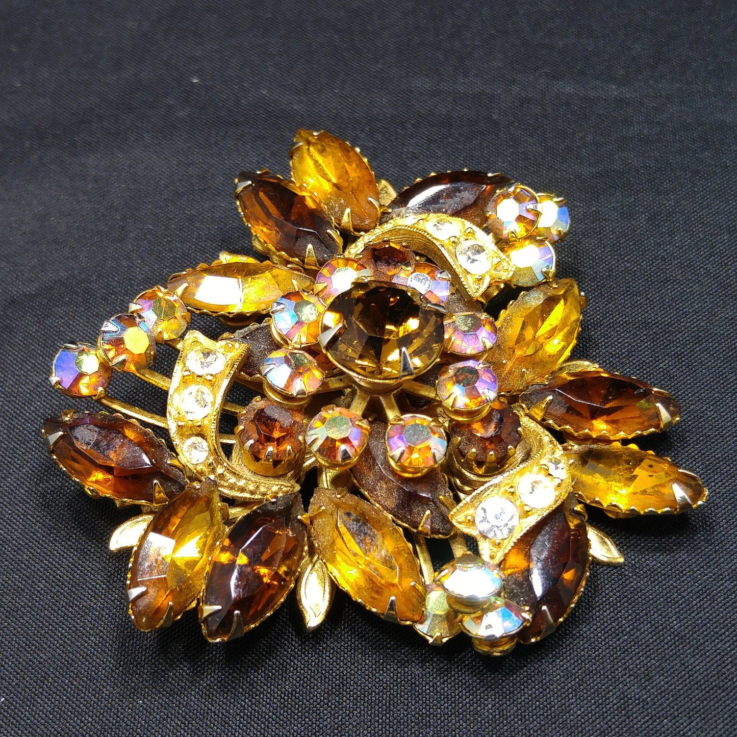 Fall Rhinestone Ribbon Brooch, Topaz Rhinestones, Aurora Borealis, 1950s Vintage Jewelry