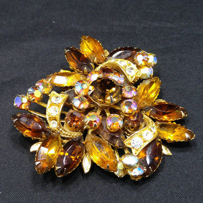 Fall Rhinestone Ribbon Brooch, Topaz Rhinestones, Aurora Borealis, 1950s Vintage Jewelry