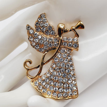 Vintage MONET Rhinestone Angel Brooch Gold Tone Holiday Pin 2 Inch