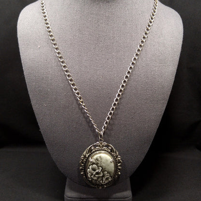 Hand Painted Monochrome Flower Pendant Necklace, Signed & Dated, 1970s Vintage Jewelry