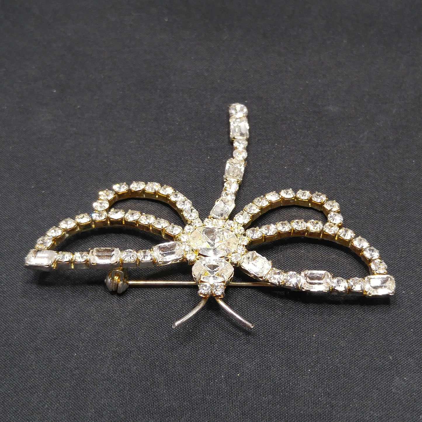 Clear Rhinestone Dragonfly Brooch, Mid-Century, Foil Back Stones, 1950s Vintage Jewelry
