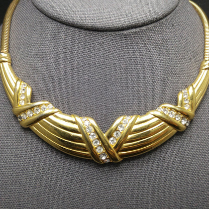 Monet Rhinestone Necklace, Gold Plated Snake Chain, 1960s Vintage Jewelry