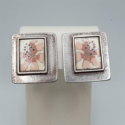 Laurel Burch Pink Flower Clip Earrings, Silver Plate, Cloisonne Enamel, 1980s Vintage Jewelry
