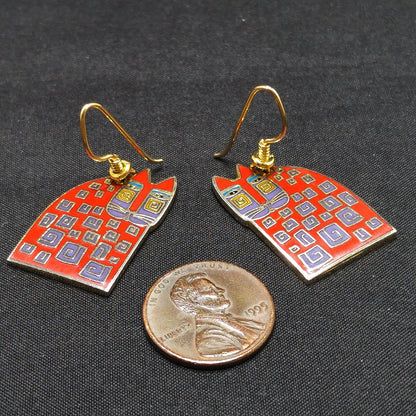 Laurel Burch "Red Cat" Earrings, Gold Plated, Red Enamel, 1980s Vintage Jewelry