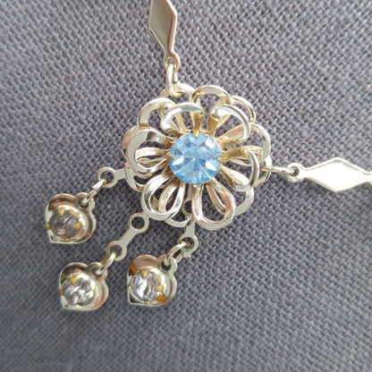 Mid-Century Floral Necklace, Light Blue Rhinestones, Gold Plated, 1950s Vintage Jewelry