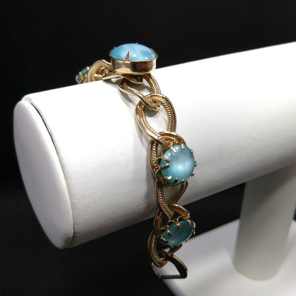 Vintage 1950s Gold Tone Bracelet Blue Art Glass Cabochons Mid Century