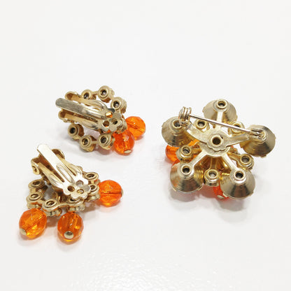 Small Aurora Borealis Brooch & Matching Earrings, Tangerine Orange Dangles, 1950