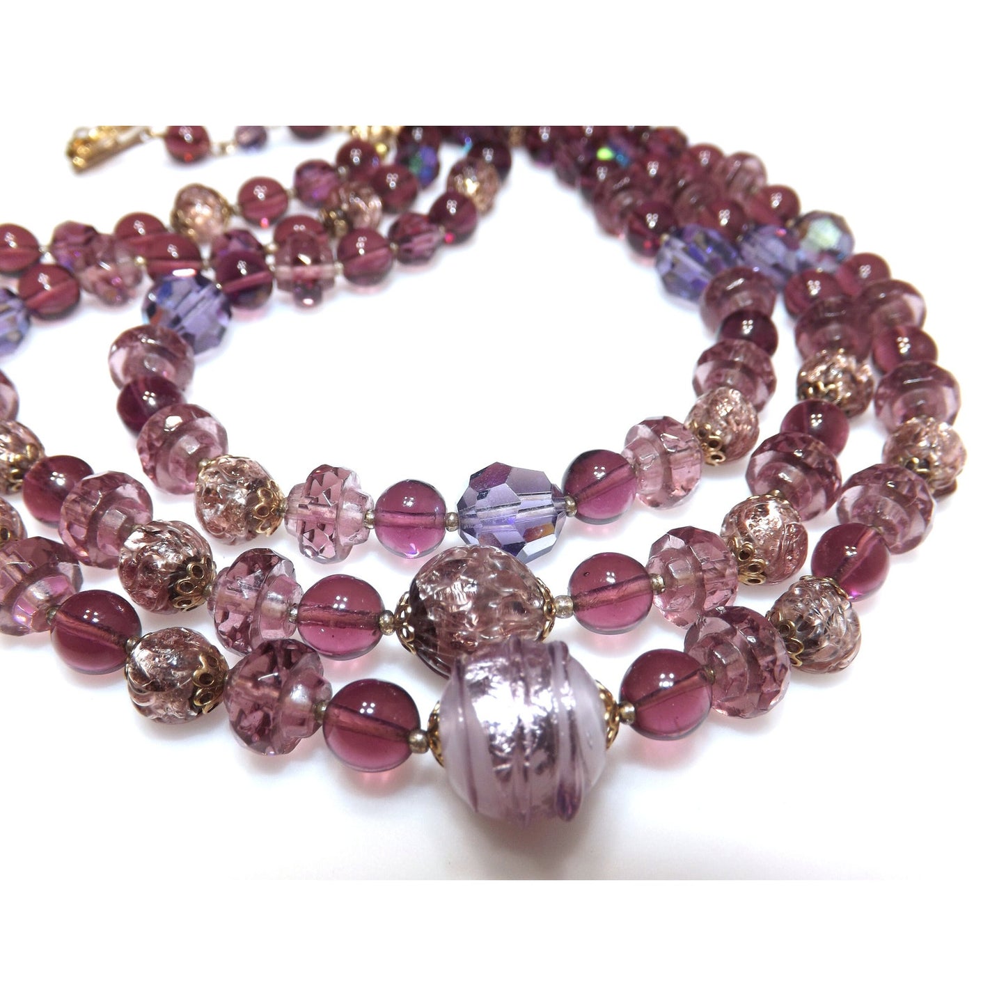 Art Glass Purple Gold Foil Beaded Necklace, Three Strands, 1960s Vintage Jewelry