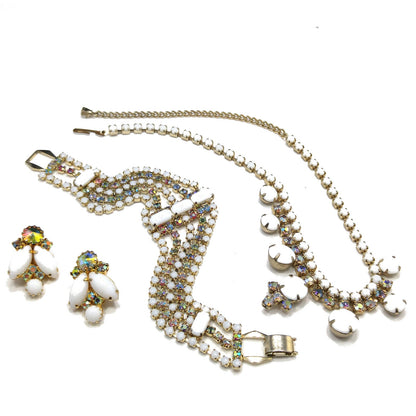 Vintage Milk Glass Jewelry Set, Necklace Bracelet Clip Earrings, Aurora Borealis, 1960s Vintage Jewelry