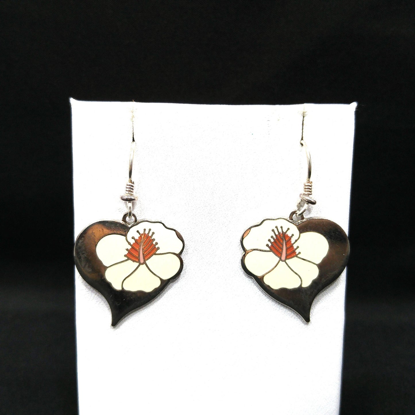 Vintage Laurel Burch "Hibiscus Heart" Earrings, Enamel Rhodium Plated