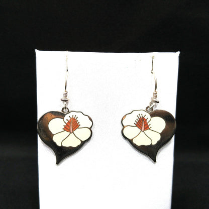 Vintage Laurel Burch "Hibiscus Heart" Earrings, Enamel Rhodium Plated