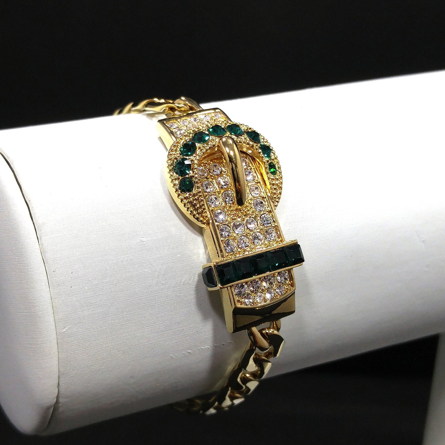 Vintage Jackie Kennedy JBK Bracelet, Faux Emerald Clear Rhinestones, Gold Plated