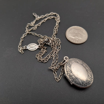 Vintage Catherine Popesco Sterling Silver Plated Locket Oval Necklace, 18"
