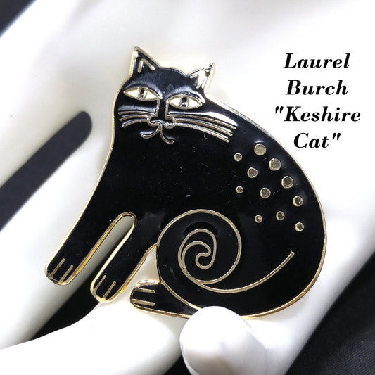 Vintage Laurel Burch Black "Keshire Cat" Brooch, Gold Plate, Black Enamel, 1980s