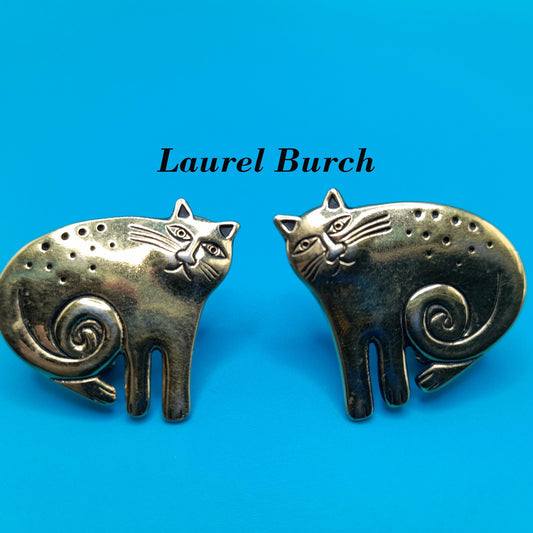 Vintage Laurel Burch Gold Plated Cat Earrings, Clip-on Earrings