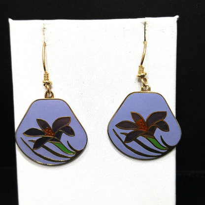 Vintage Laurel Burch Purple Lily Earrings, Cloisonne Enamel, Gold Plated