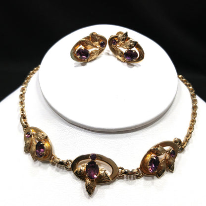 Purple Rhinestone Floral Necklace & Screw Back Earrings, Gold Plated, 1940s Vintage Jewelry