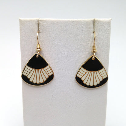 Vintage Laurel Burch "Waterfall" Drop Earrings, Black White Enamel, Gold Plated