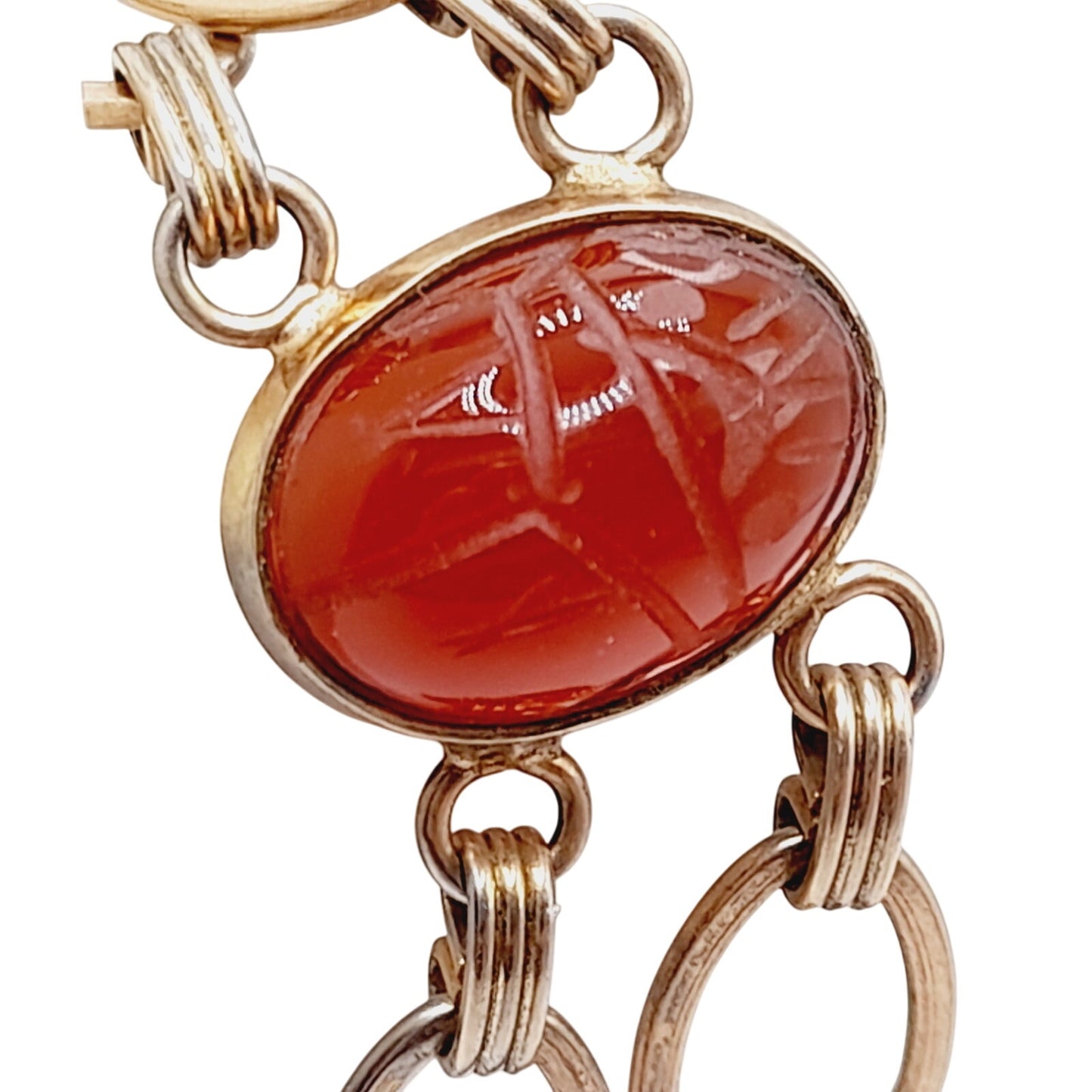 Vintage Scarab Four Gemstone Gold Tone Two Strand Bracelet, Egyptian Beetle Bug