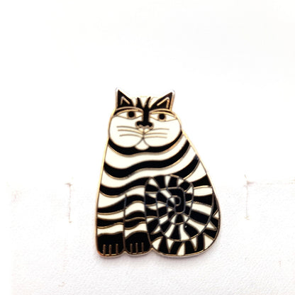 Laurel Burch "Shambala" Cat Brooch Pendant, Black White Enamel, Gold Plated, 1980s Vintage Jewelry
