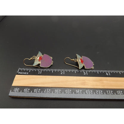 Laurel Burch "Angelicat" Earrings, Gold Plated Cloisonne & Enamel, Cat Lovers Earrings, 1980s Vintage Jewelry