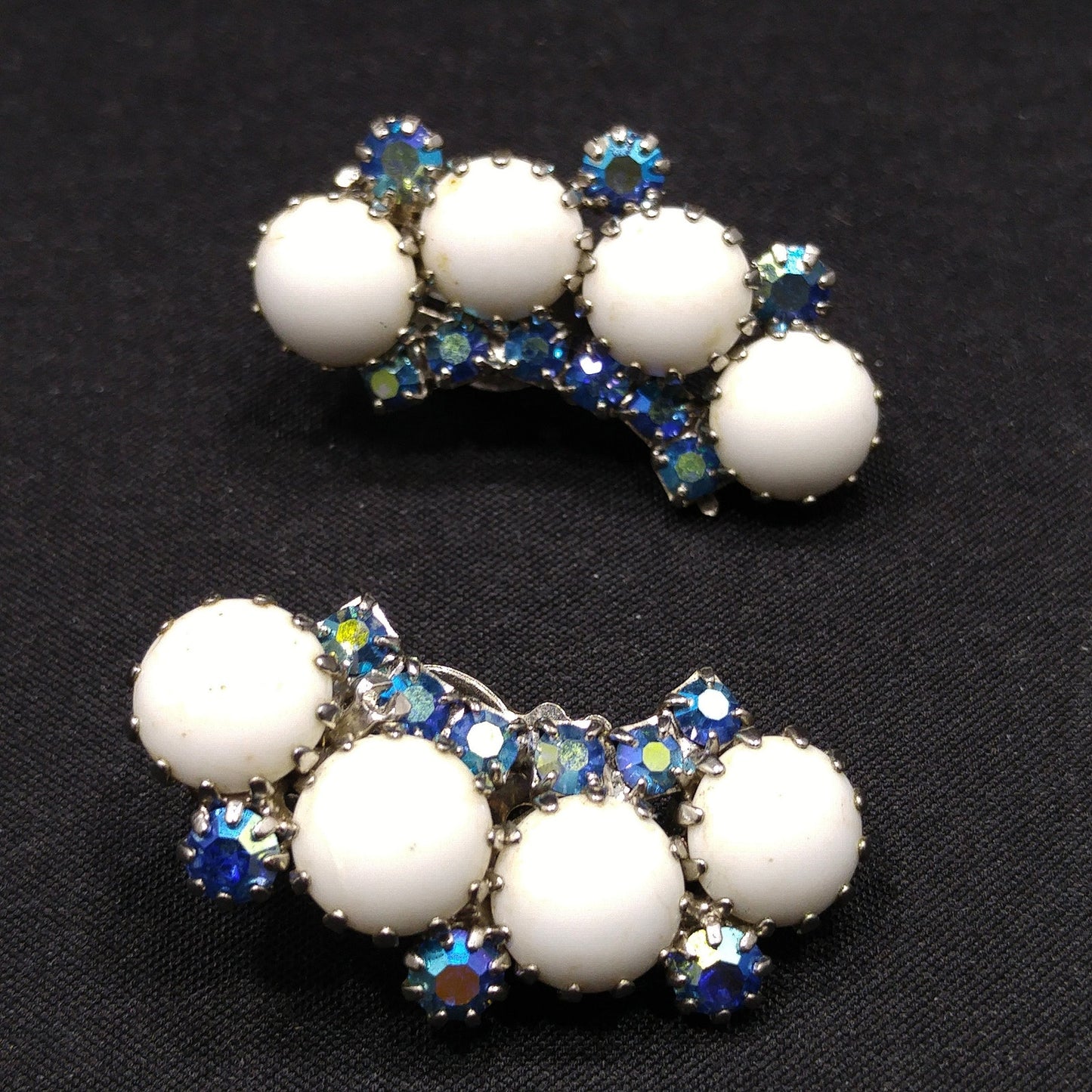 Weiss Aurora Borealis Blue Rhinestone Clip Earrings, White Milk Glass Cabochons, Ear Climbers, 1960s Vintage Jewelry