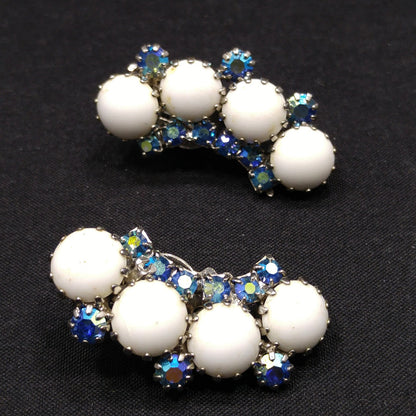 Weiss Aurora Borealis Blue Rhinestone Clip Earrings, White Milk Glass Cabochons, Ear Climbers, 1960s Vintage Jewelry