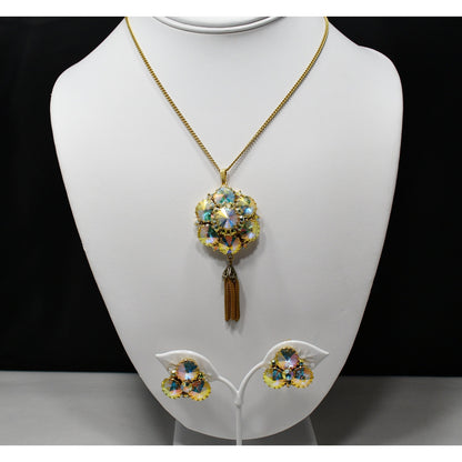 Vintage Rivoli Pendant & Earrings, Aurora Borealis Rhinestones, 1960s Vintage Jewelry