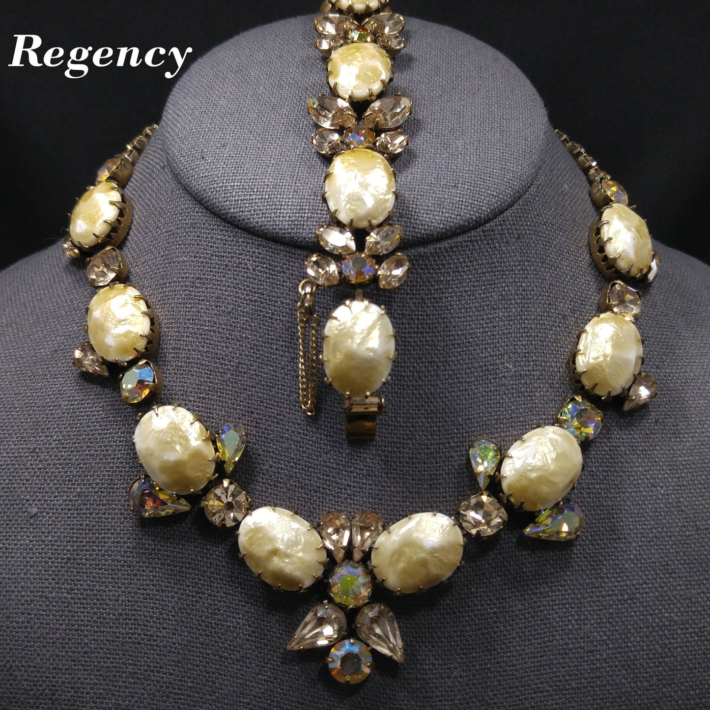 Regency Baroque Pearl Necklace Bracelet Set, Light Topaz AB Rhinestones, 1950s Vintage Jewelry