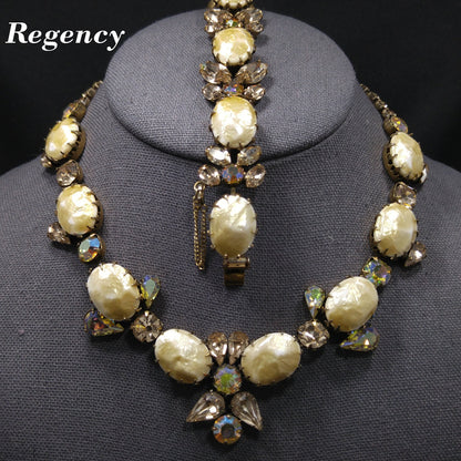 Regency Baroque Pearl Necklace Bracelet Set, Light Topaz AB Rhinestones, 1950s Vintage Jewelry