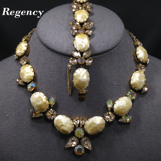 Regency Baroque Pearl Necklace Bracelet Set, Light Topaz AB Rhinestones, 1950s Vintage Jewelry