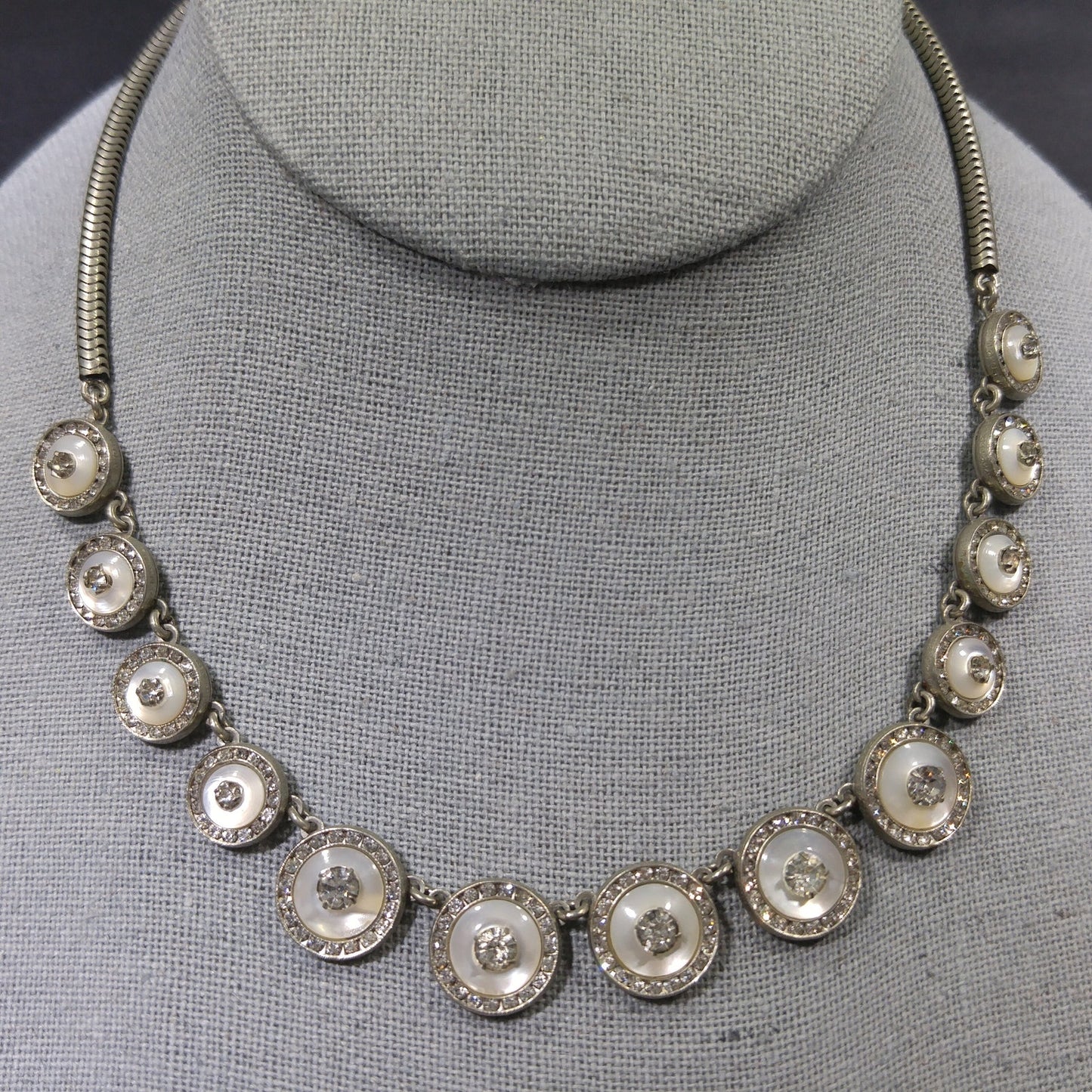 Mother of Pearl Rhinestone Jewelry, Necklace & Clip Earring Set, 1940s Vintage