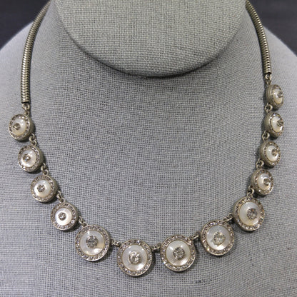 Mother of Pearl Rhinestone Jewelry, Necklace & Clip Earring Set, 1940s Vintage
