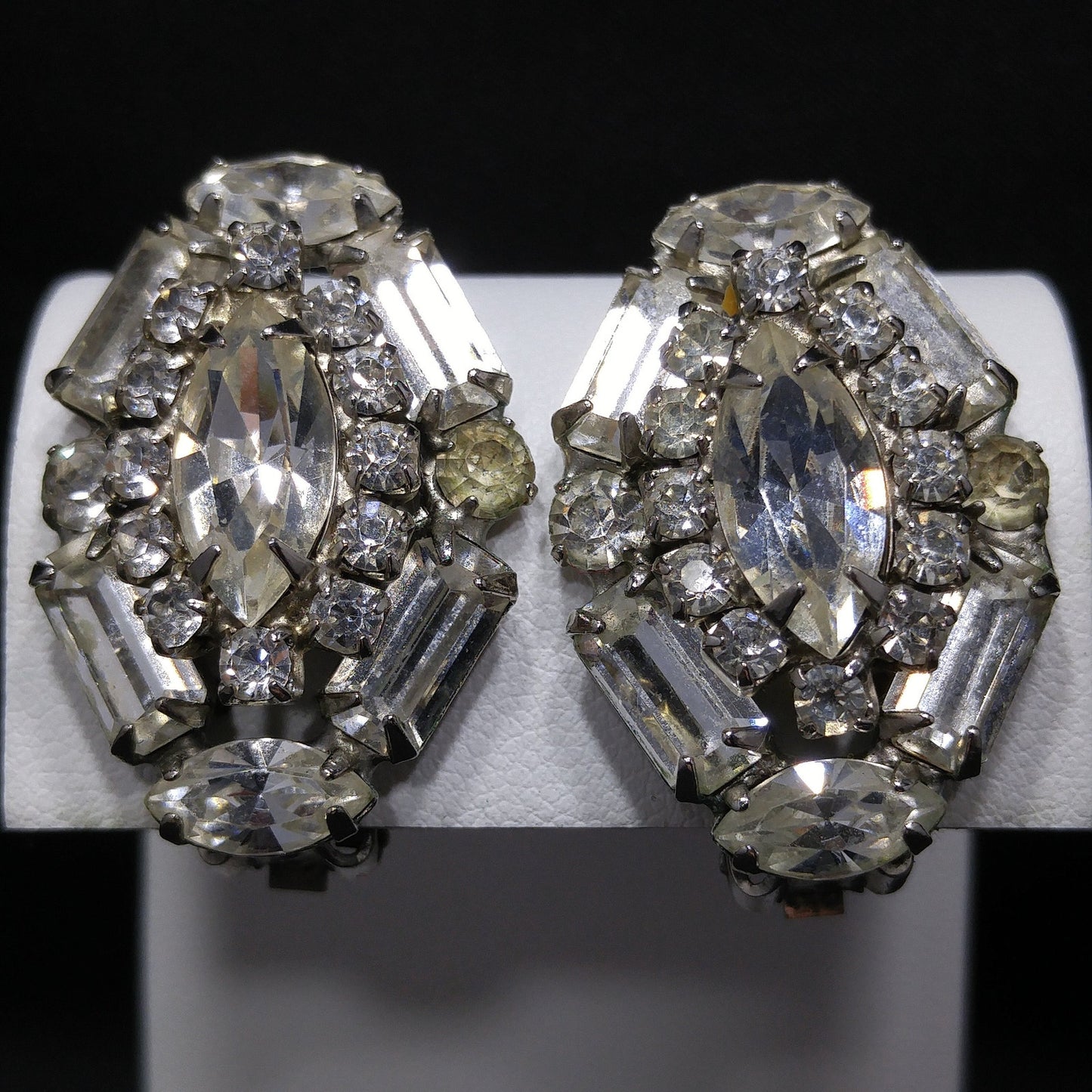 Weiss 1940s–50s Clear Rhinestone Clip-On Earrings | Marquise & Emerald Cut Vintage Bridal Jewelry