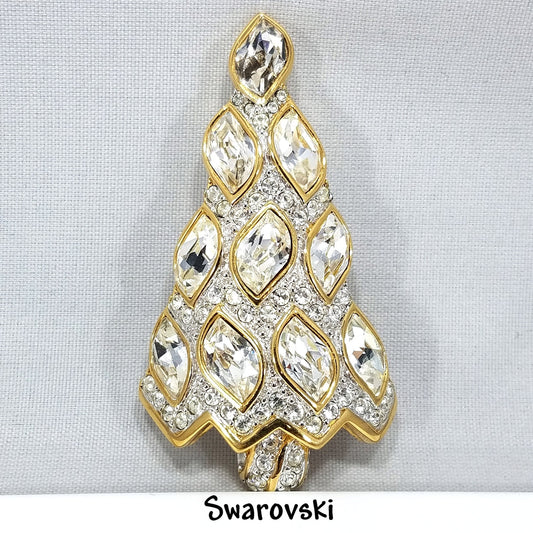 Swarovski Christmas Tree Brooch, 1996 Collectible, Skewed Navette Rhinestones, Vintage Jewelry